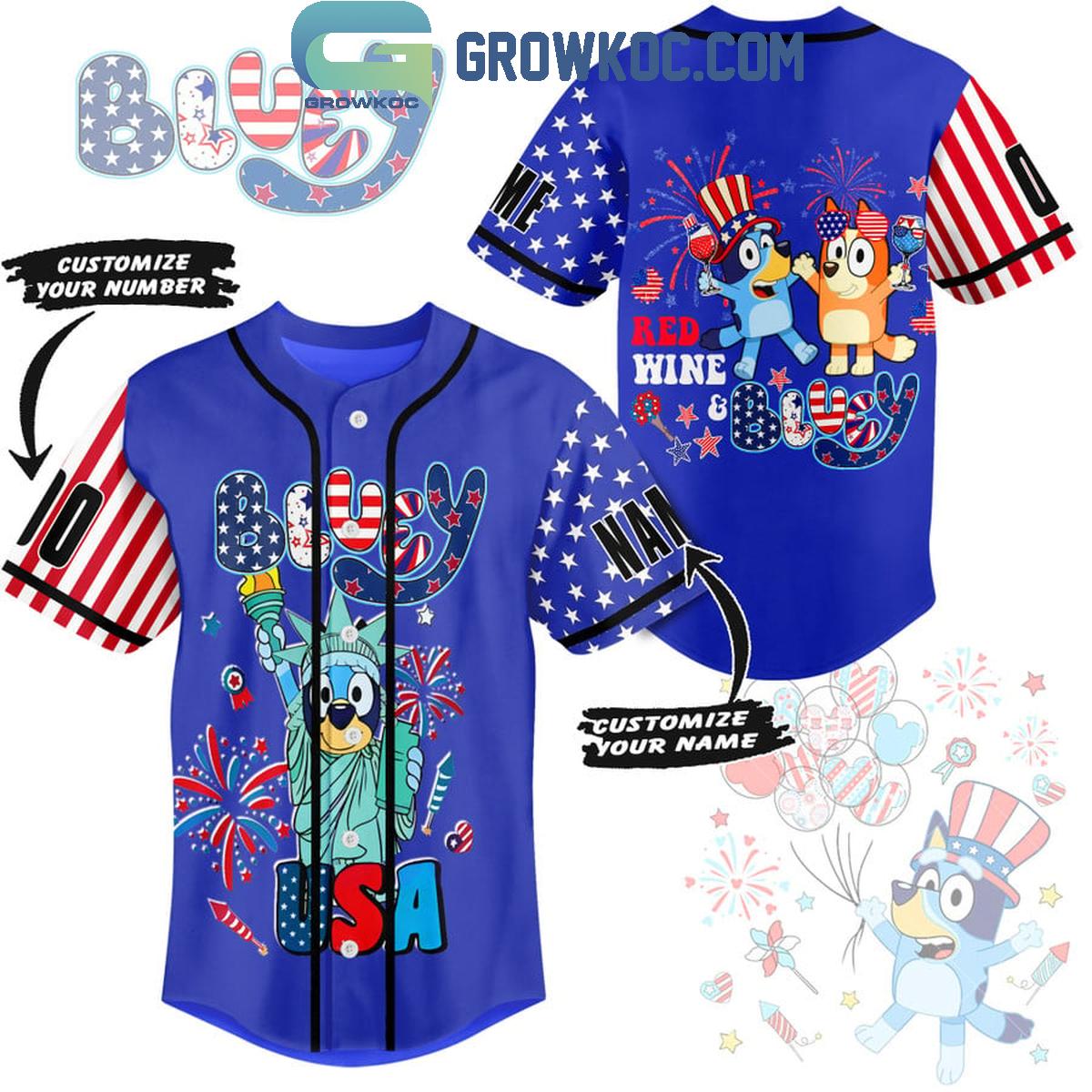 New Bluey Red Wine And Bluey Fan Personalized Baseball Custom Jersey Fan Gift