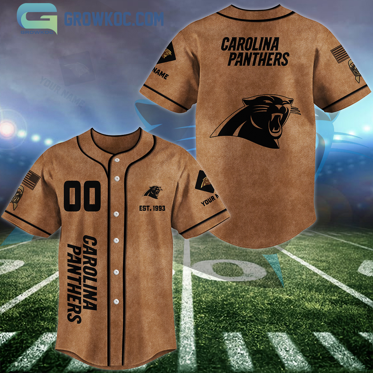 New Carolina Panthers Brown American Flag Personalized Baseball Custom Jersey Fan Gift