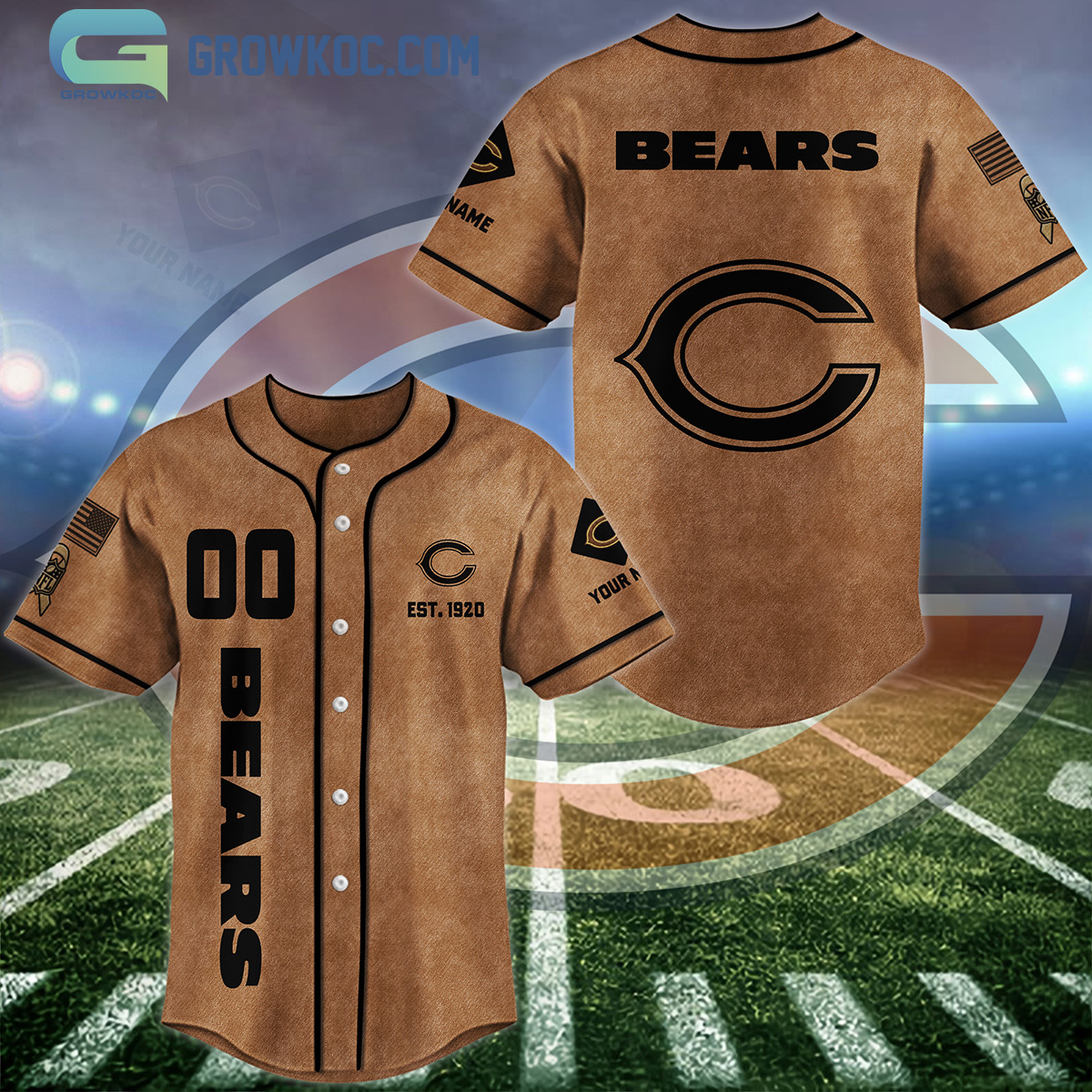 New Chicago Bears Brown American Flag Personalized Baseball Custom Jersey Fan Gift