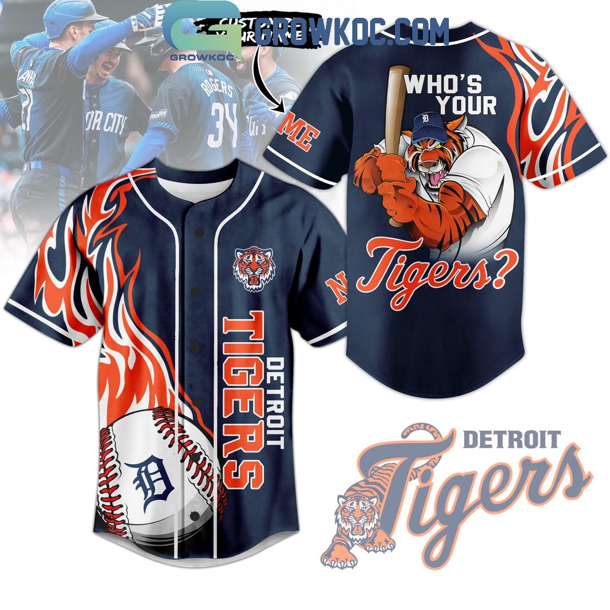 New Detroit Tigers Who's Your Tiger Flames Personalized Baseball Custom Jersey Fan Gift
