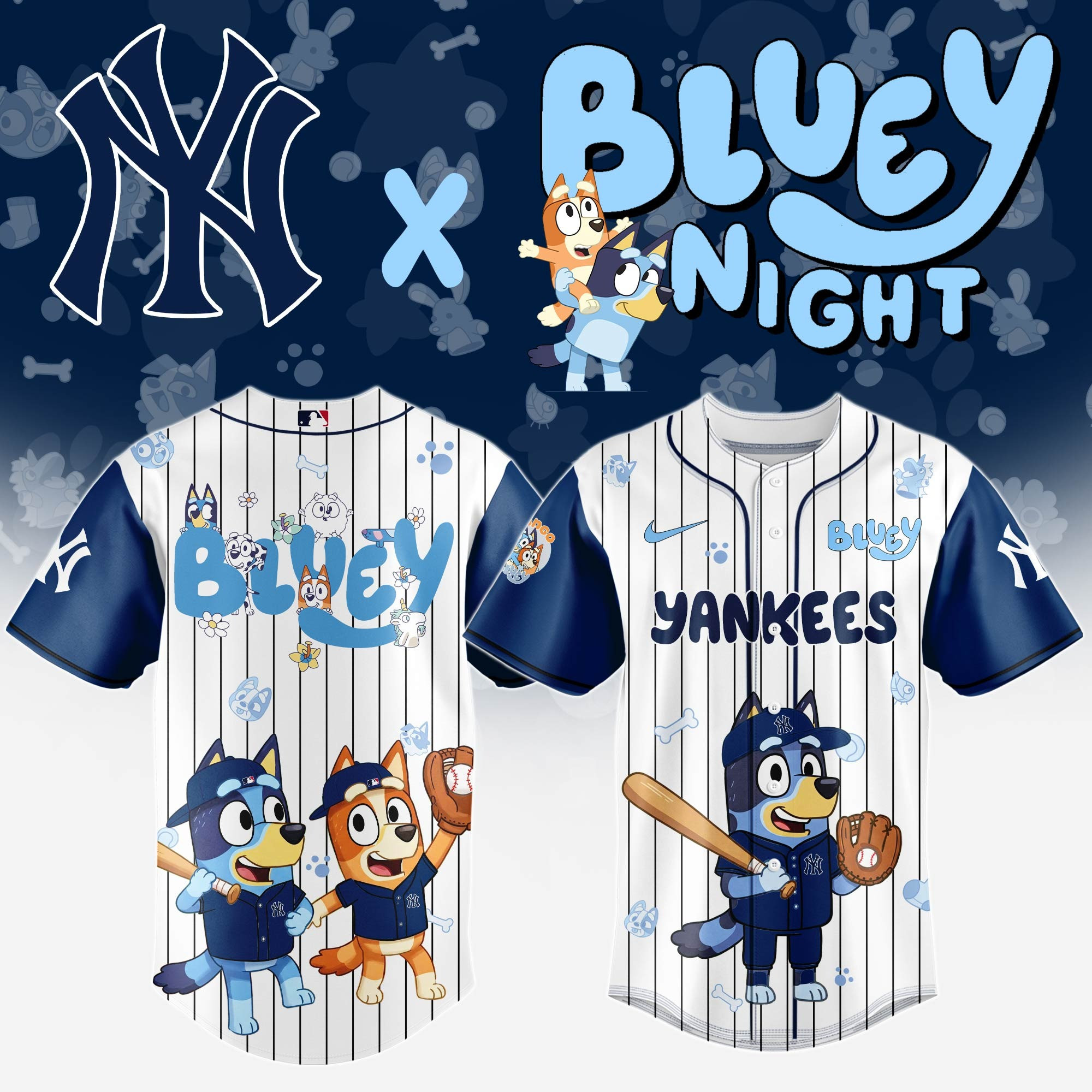 New York NY Yankees Bluey Night Jersey Cute Baseball Gifts For Fans Bluey Lovers