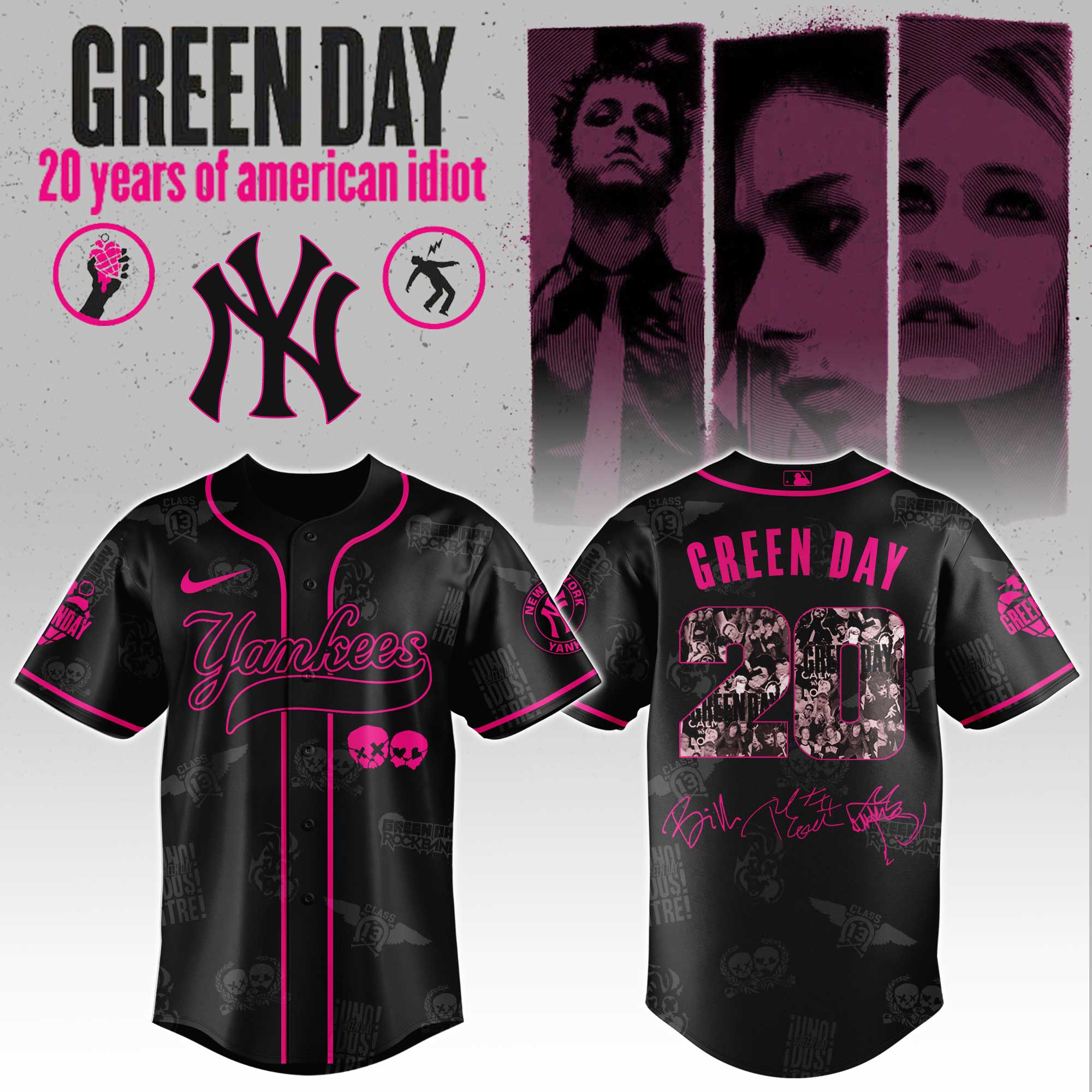 New York Yankees MLB x Green Day 20th Anniversary Tour Personalized Baseball Jersey For Fans