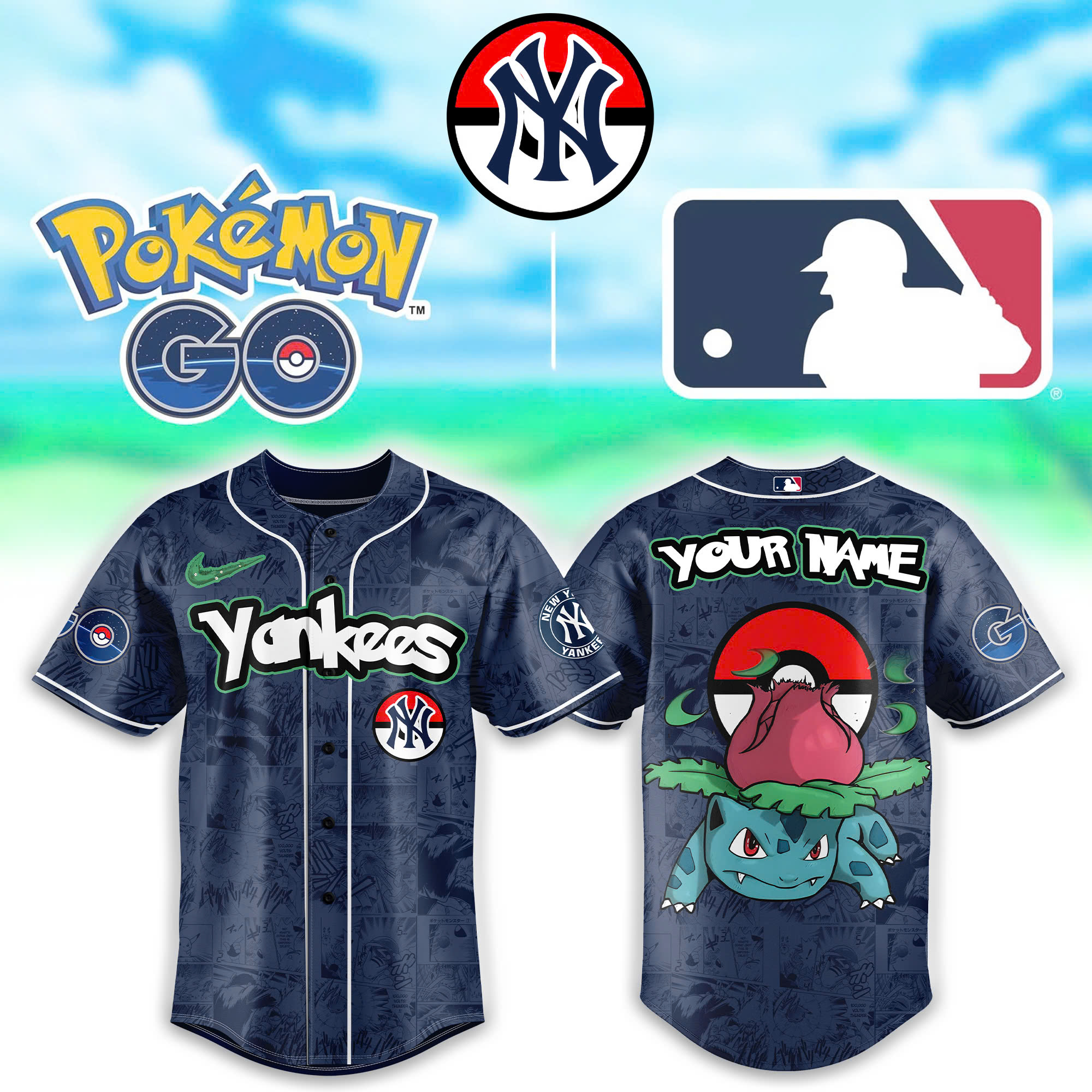 New York Yankees MLB x Pokemon Go Bulbasaur Personalized Baseball Jersey For Fan