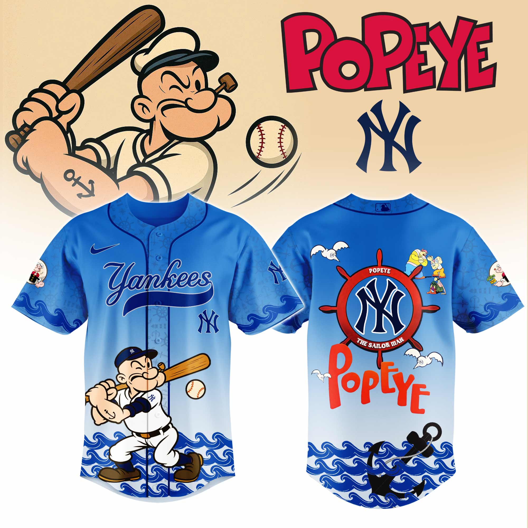 New York Yankees MLB x Popeye Personalized Baseball Jersey For Fan