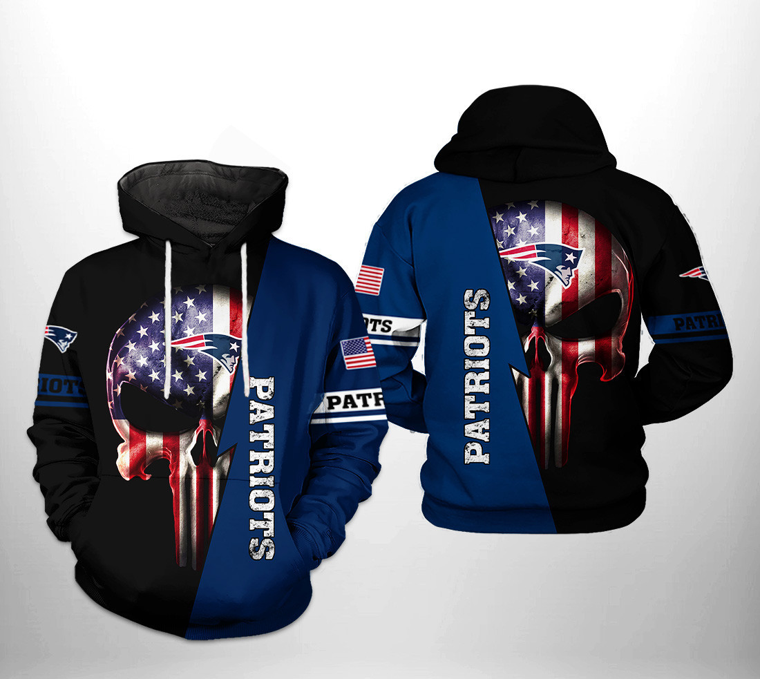 NFL New England Patriots NFL US Flag Skull Team Hoodie  Zip Hoodie