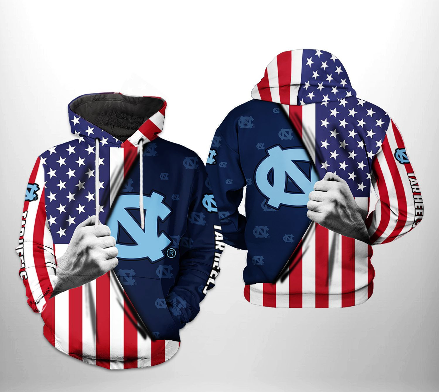 North Carolina Tar Heels NCAA US Flag Hoodie  Zip Hoodie