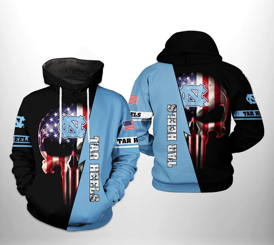 North Carolina Tar Heels NCAA US Flag Skull Hoodie  Zip Hoodie