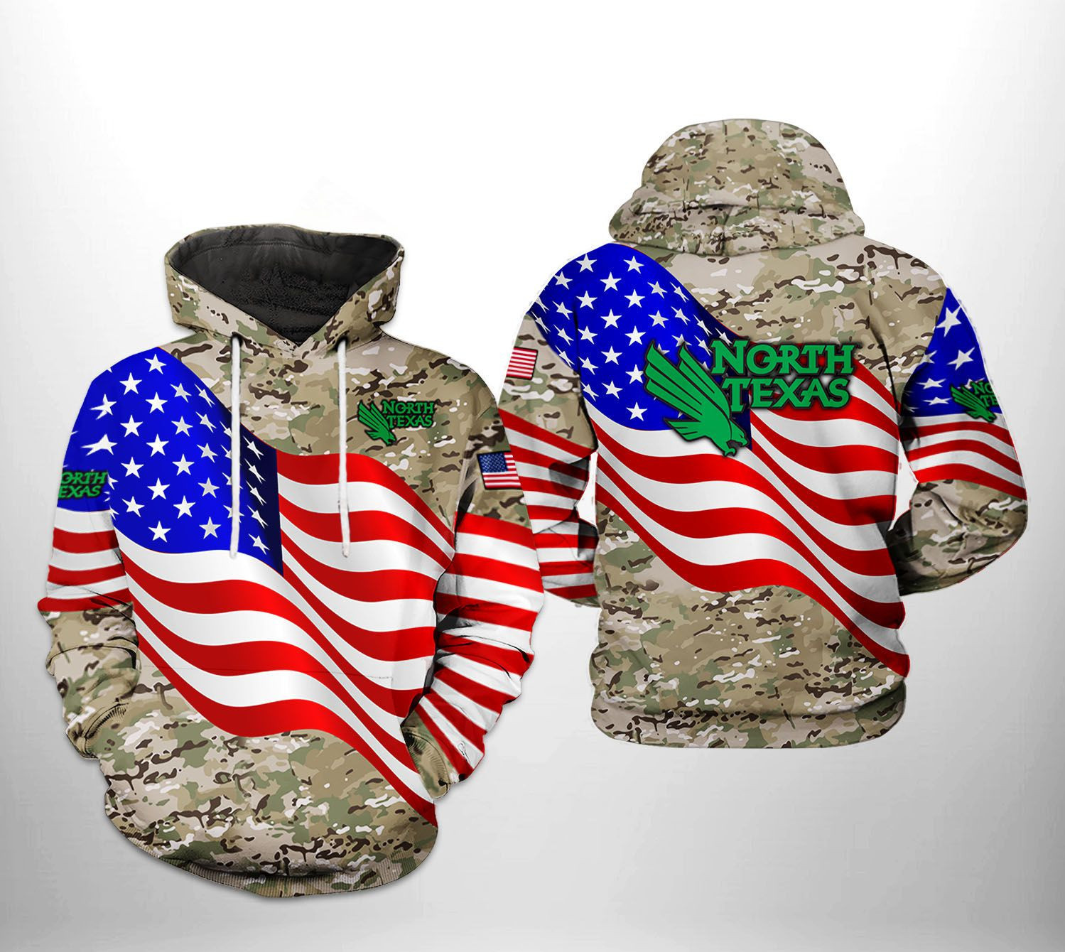 North Texas Mean Green NCAA US Flag Camo Veteran Hoodie  Zip Hoodie