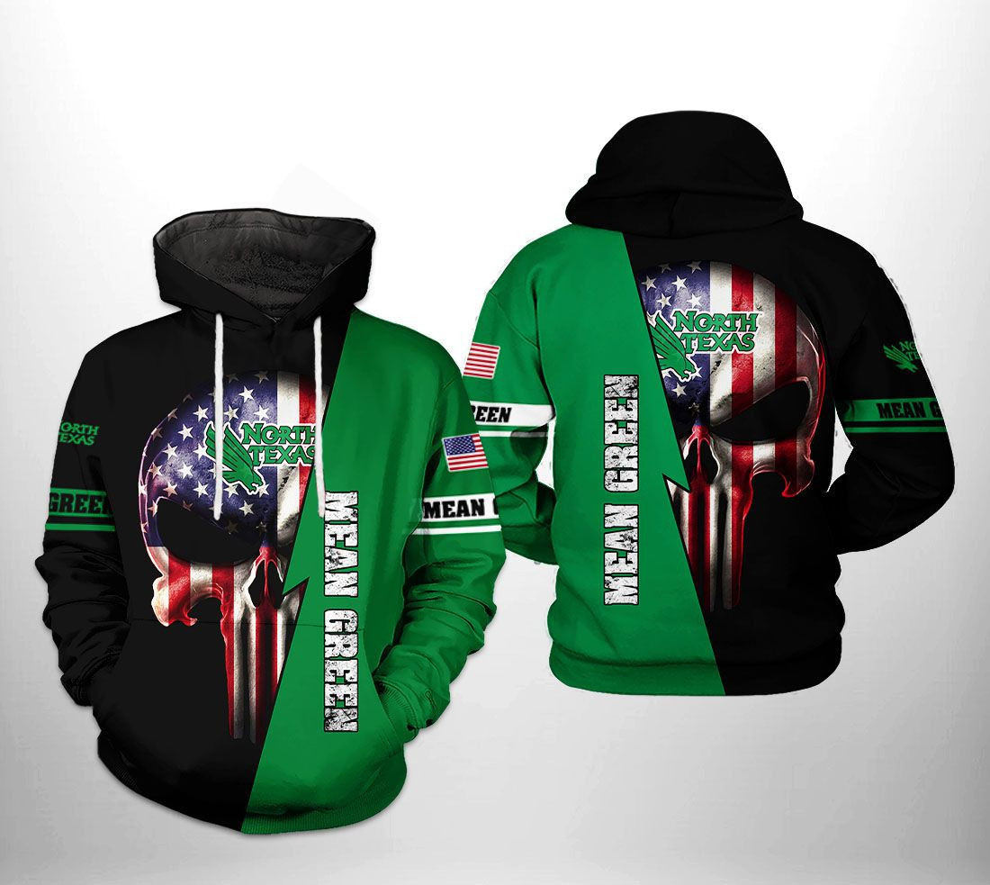 North Texas Mean Green NCAA US Flag Skull Hoodie  Zip Hoodie