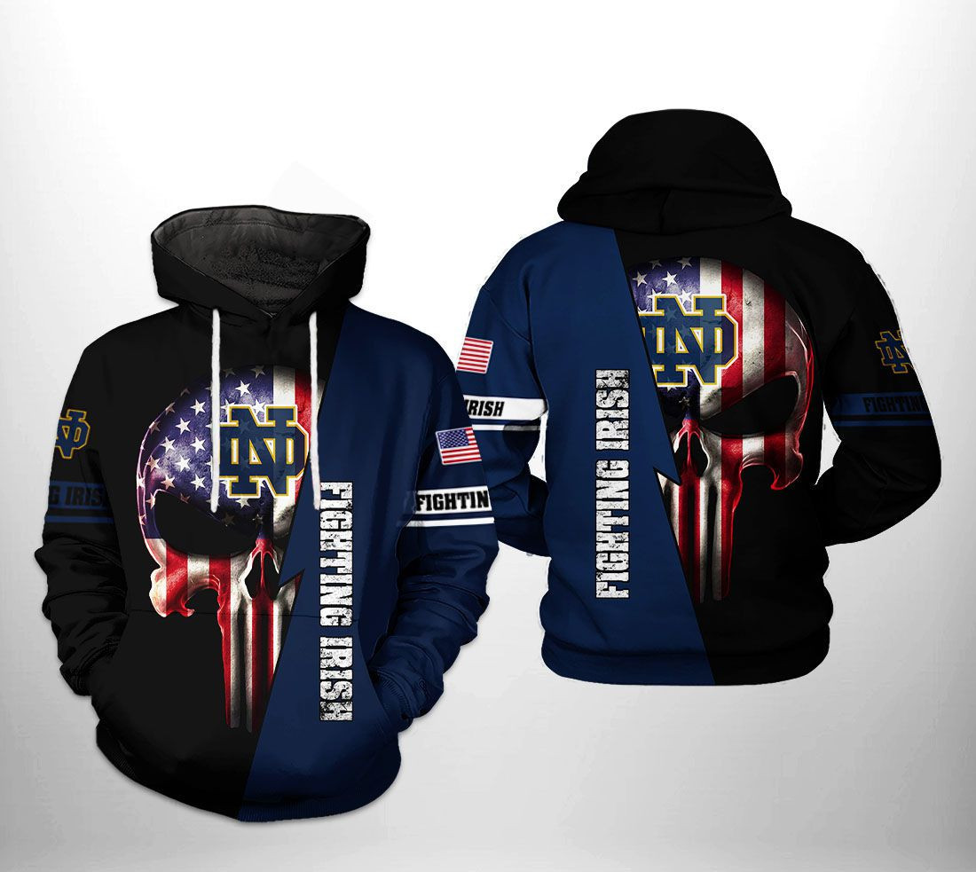 Notre Dame Fighting Irish NCAA US Flag Skull Hoodie  Zip Hoodie
