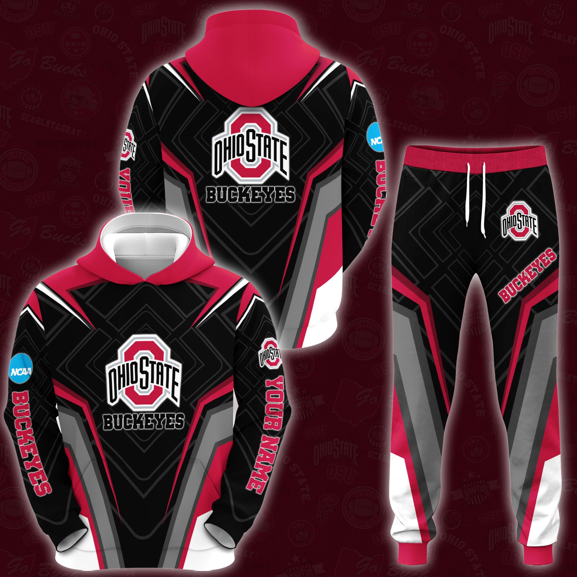 Ohio State Buckeyes Hoodie Joggers Set Custom Your name, Sport Zip Up Hoodie Joggers Set, Sport Gifts For Fan, Ohio State Buckeyes Hoodie NE77 Gift For Sport Music Fans