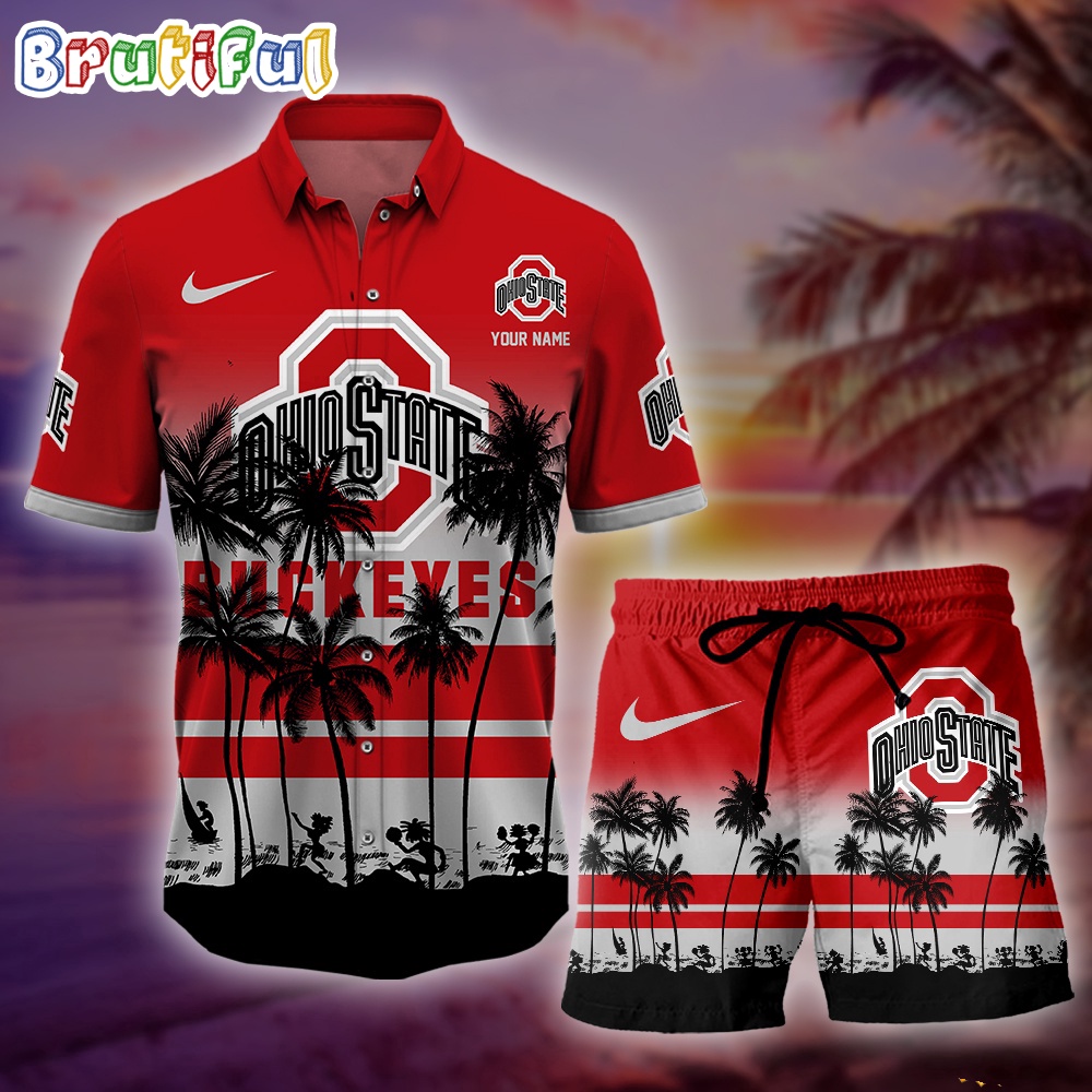 Ohio State Buckeyes Palm Tree Summer Hawaiian Shirt, NCAA Sport Summer Hawaiian Set, Summer Beach Short Gift For Sport Music Fans