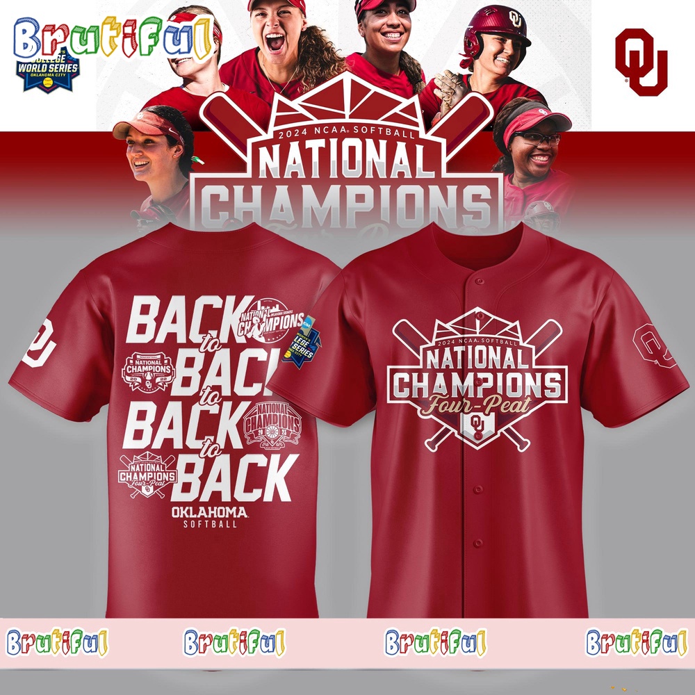 Oklahoma Sooners Four Peat 2024 NCAA Softball Womenâ€™s College World Series Champions Jersey Shirt