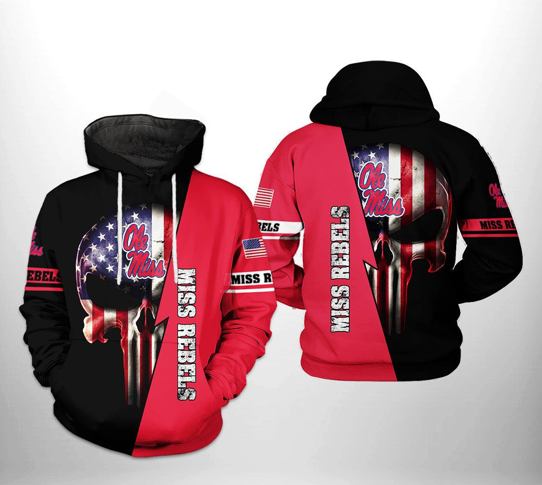 Ole Miss Rebels NCAA US Flag Skull Hoodie  Zip Hoodie