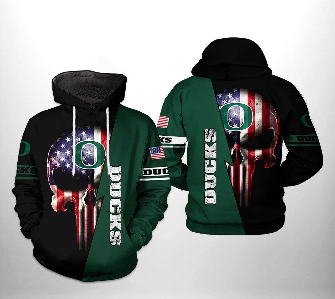 Oregon Ducks NCAA US Flag Skull Hoodie  Zip Hoodie