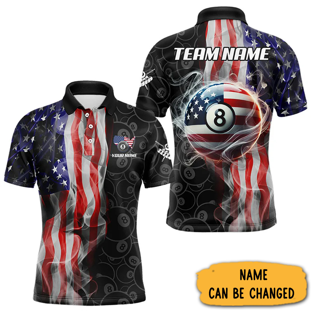 Personalized 8 Ball Pool Smoke American Flag Billiard Polo Shirt Patriotic Billiard Team Gift