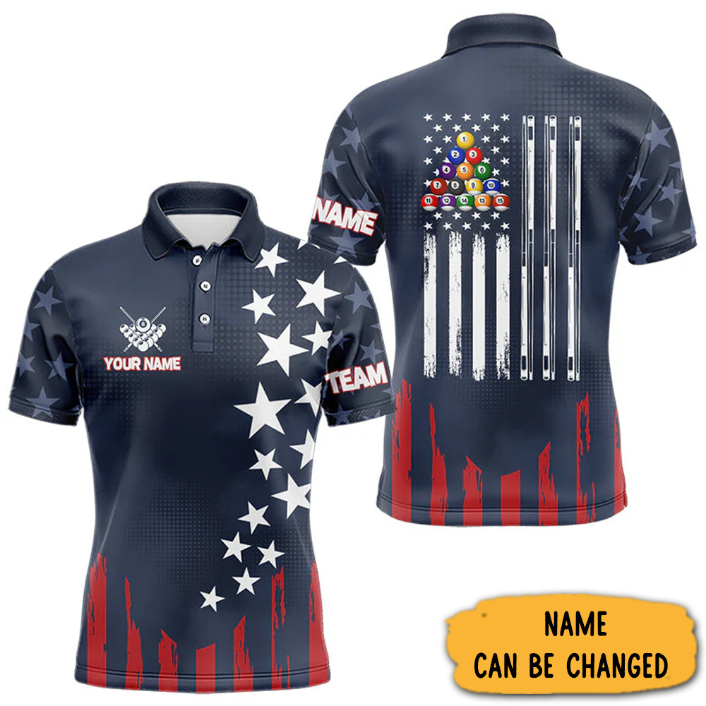 Personalized American Flag Billiard Polo Shirt For Men Patriotic Billiard Pool Lovers Gifts