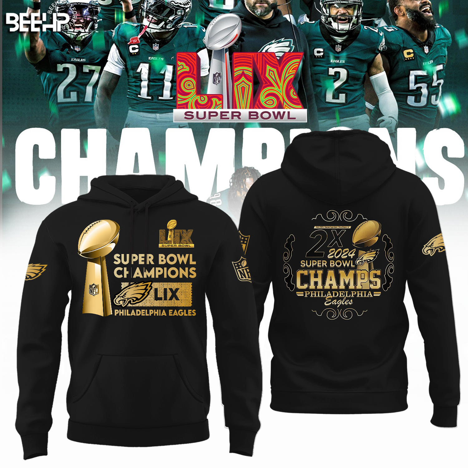 Philadelphia Eagles 2X Super Bowl LIX Champions Black Hoodie