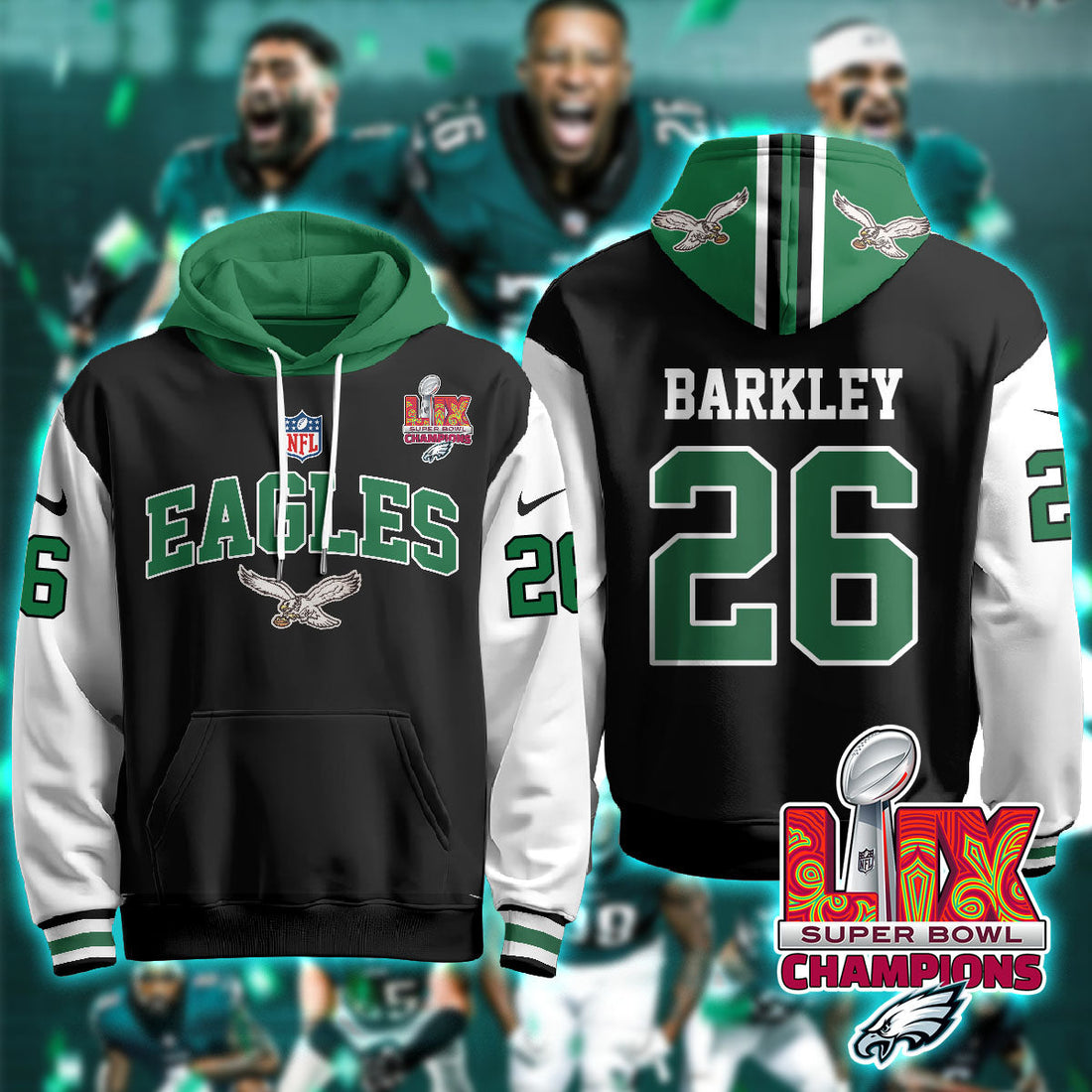 Philadelphia Eagles Barkley 26 Super Bowl LIX Champions Black Alternate Hoodie