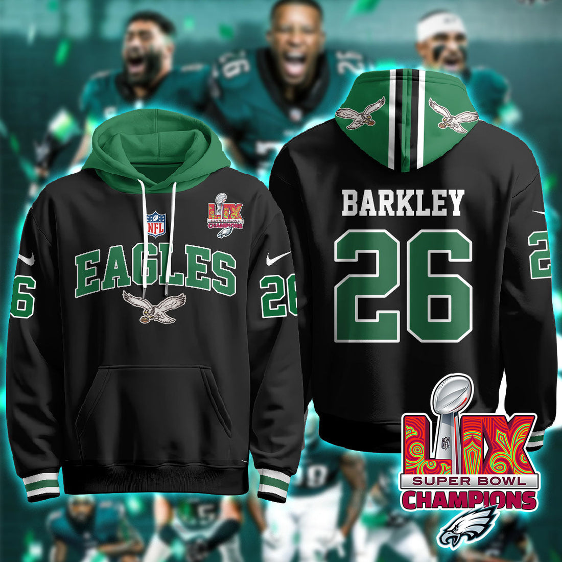 Philadelphia Eagles Barkley 26 Super Bowl LIX Champions Black Hoodie