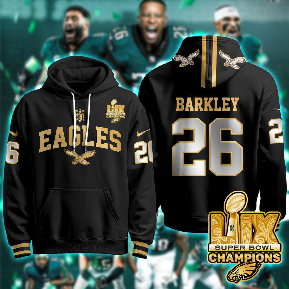 Philadelphia Eagles Barkley 26 Super Bowl LIX Champions Gold Black Gold Hoodie
