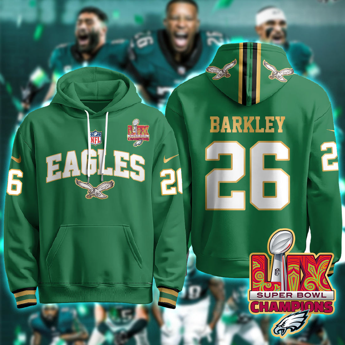Philadelphia Eagles Barkley 26 Super Bowl LIX Champions Gold Green Hoodie Gift For Sport Music Fans