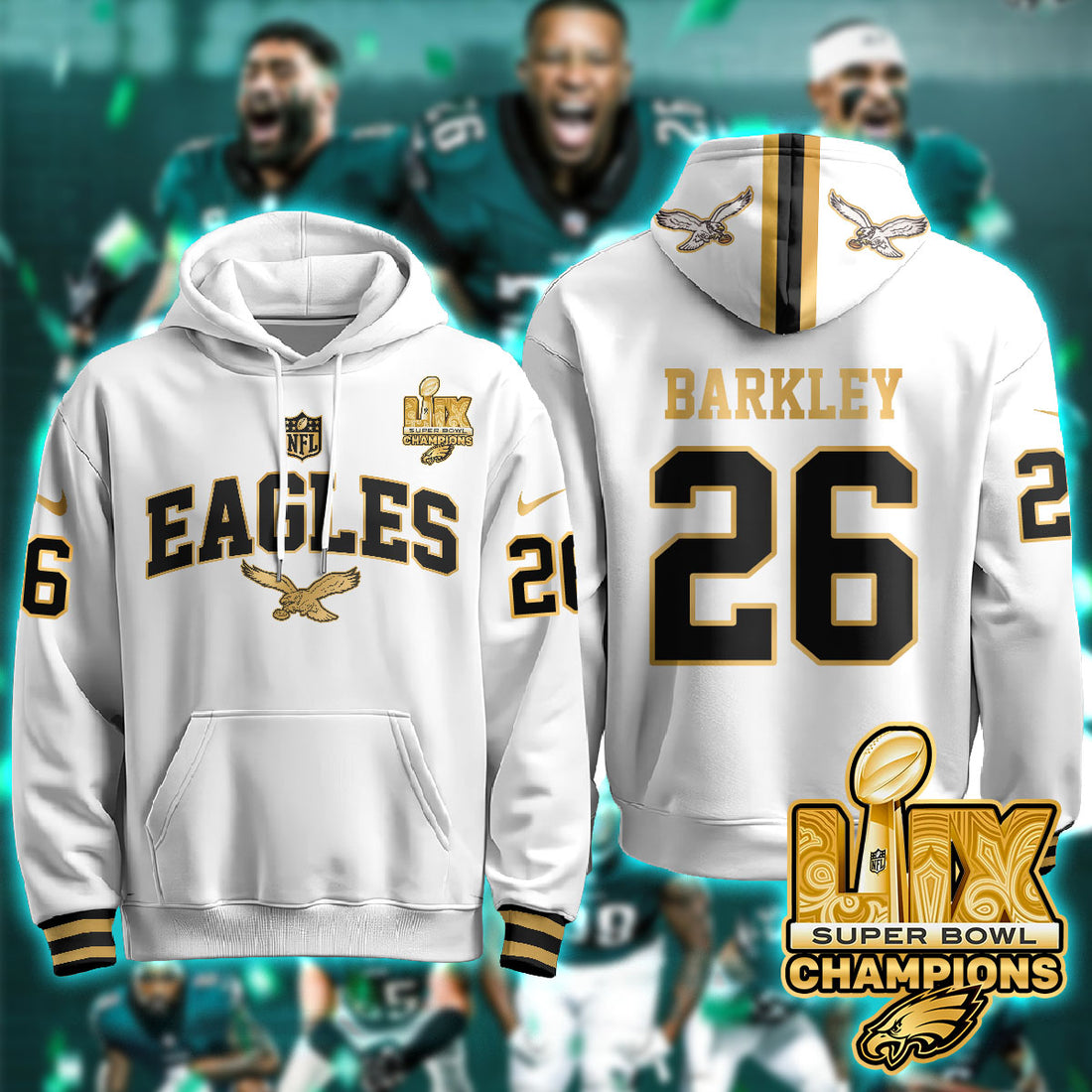 Philadelphia Eagles Barkley 26 Super Bowl LIX Champions Gold White Gold Hoodie