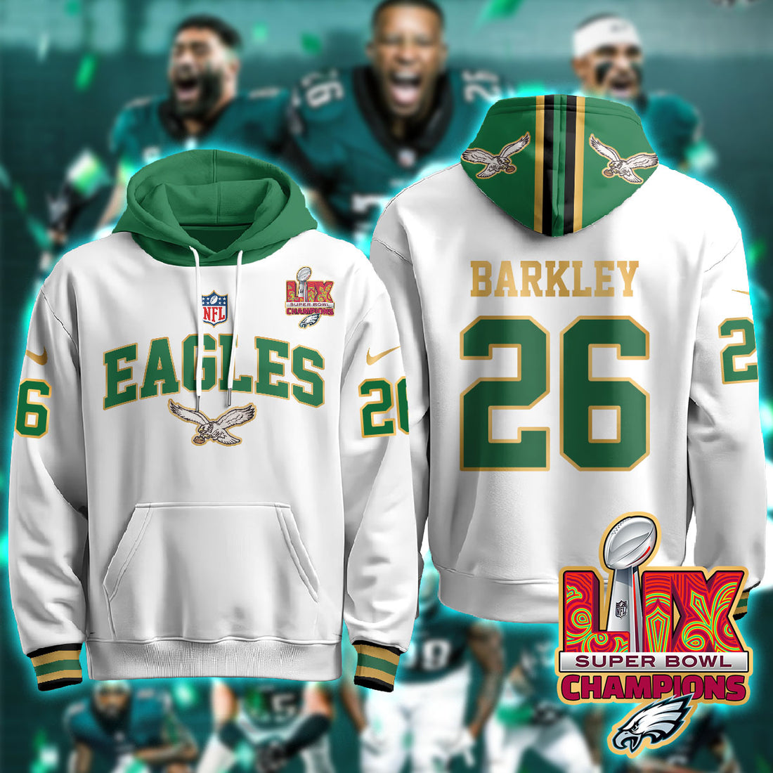 Philadelphia Eagles Barkley 26 Super Bowl LIX Champions Gold White Hoodie