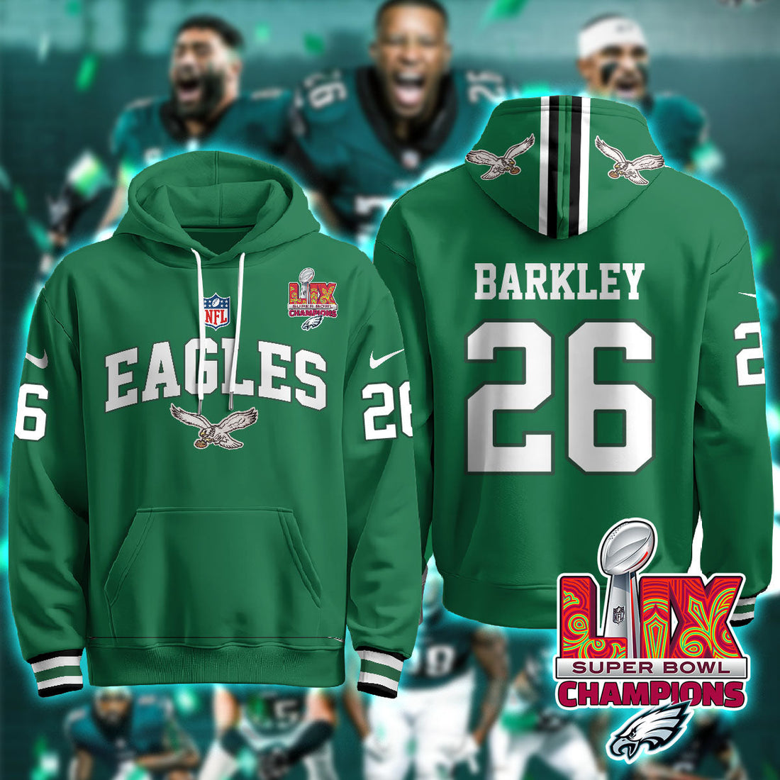Philadelphia Eagles Barkley 26 Super Bowl LIX Champions Green Hoodie