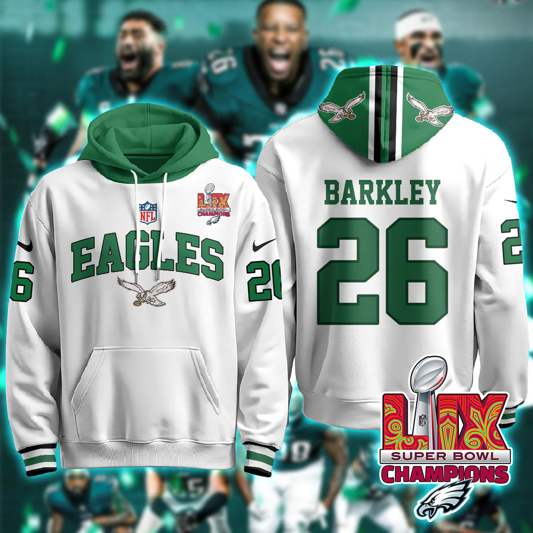 Philadelphia Eagles Barkley 26 Super Bowl LIX Champions White Hoodie
