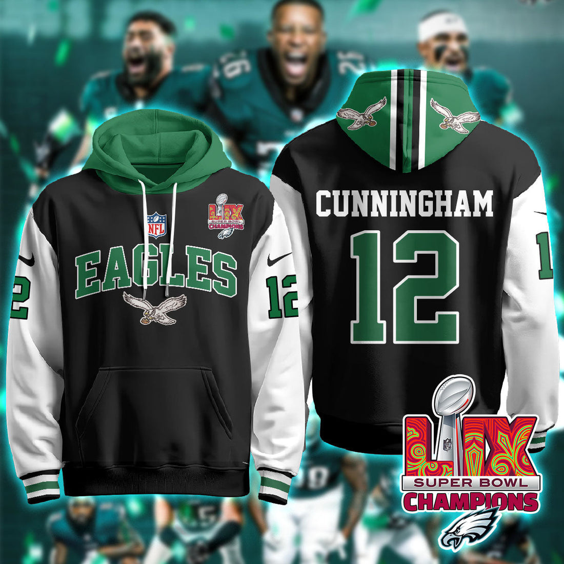 Philadelphia Eagles Cunningham 12 Super Bowl LIX Champions Black Alternate Hoodie