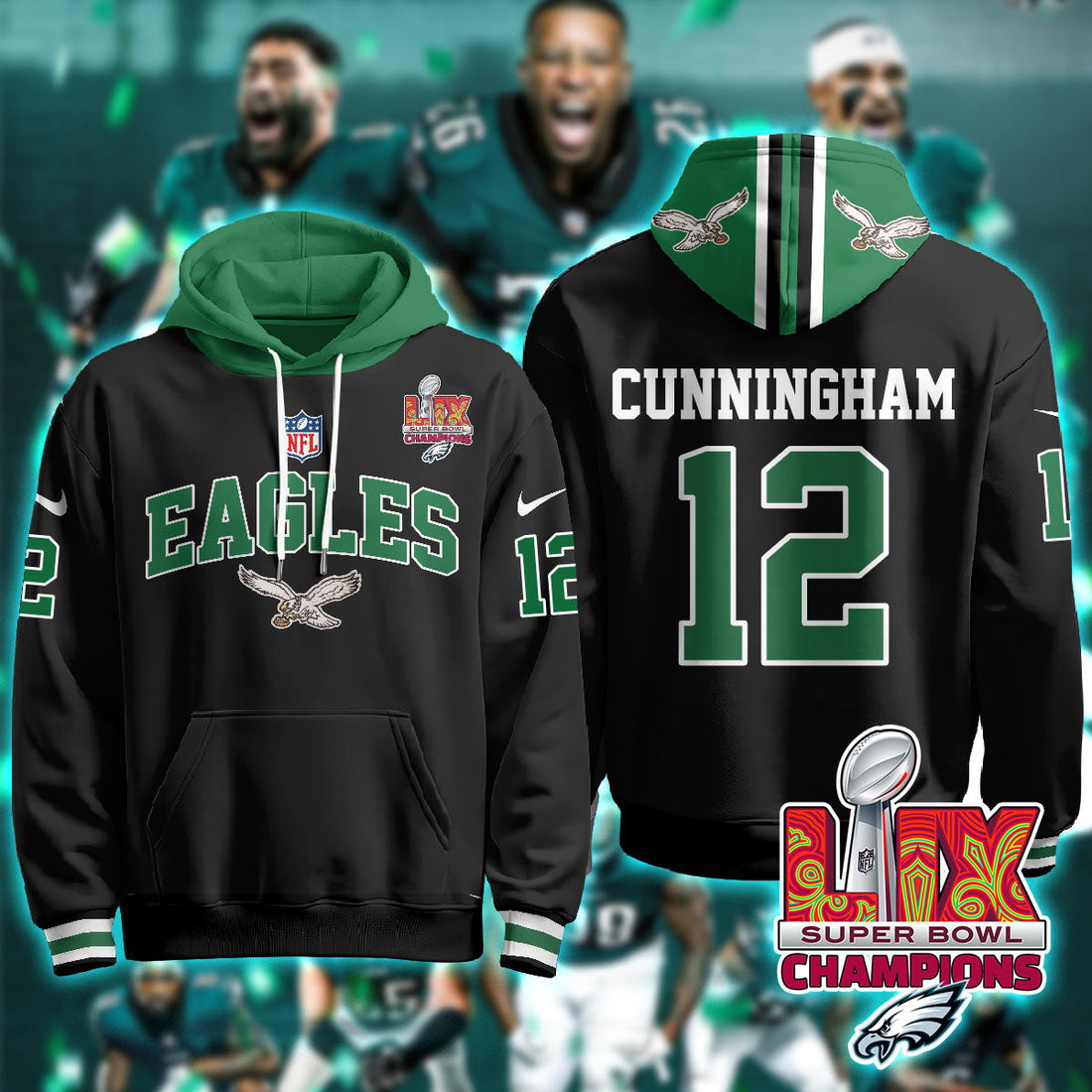 Philadelphia Eagles Cunningham 12 Super Bowl LIX Champions Black Hoodie