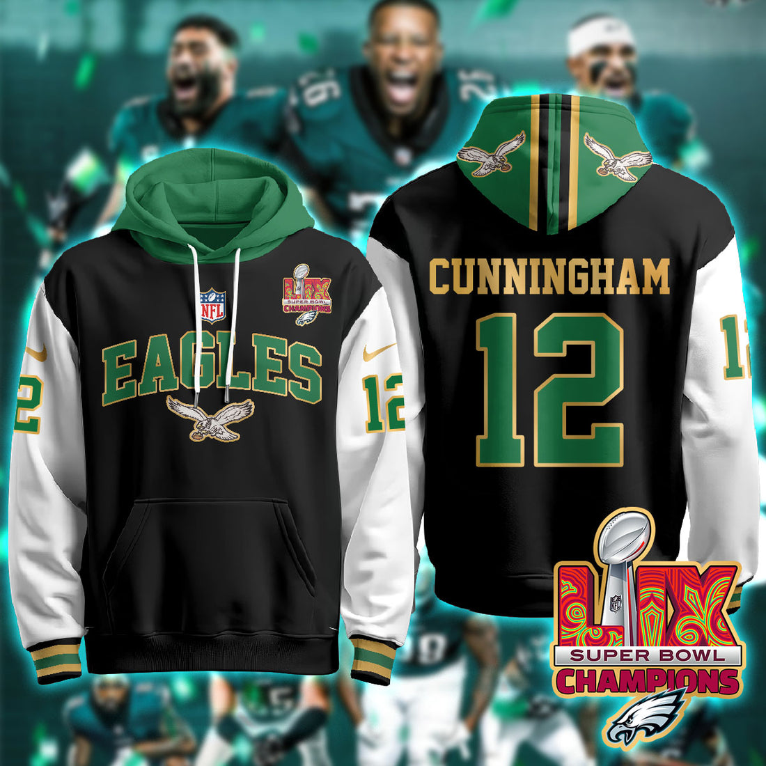 Philadelphia Eagles Cunningham 12 Super Bowl LIX Champions Gold Black Alternate Hoodie