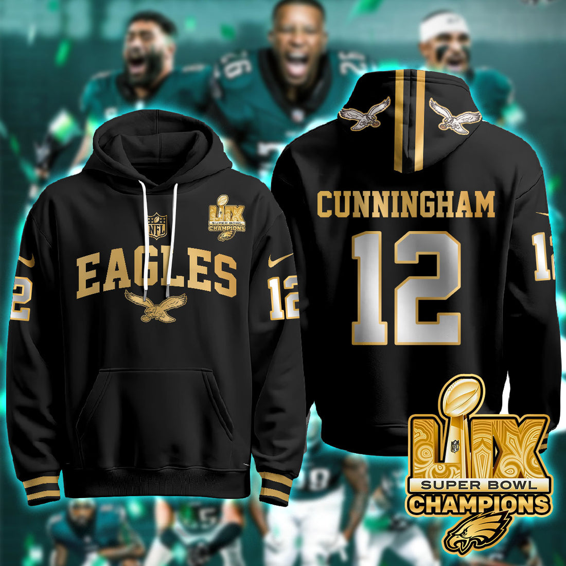 Philadelphia Eagles Cunningham 12 Super Bowl LIX Champions Gold Black Gold Hoodie