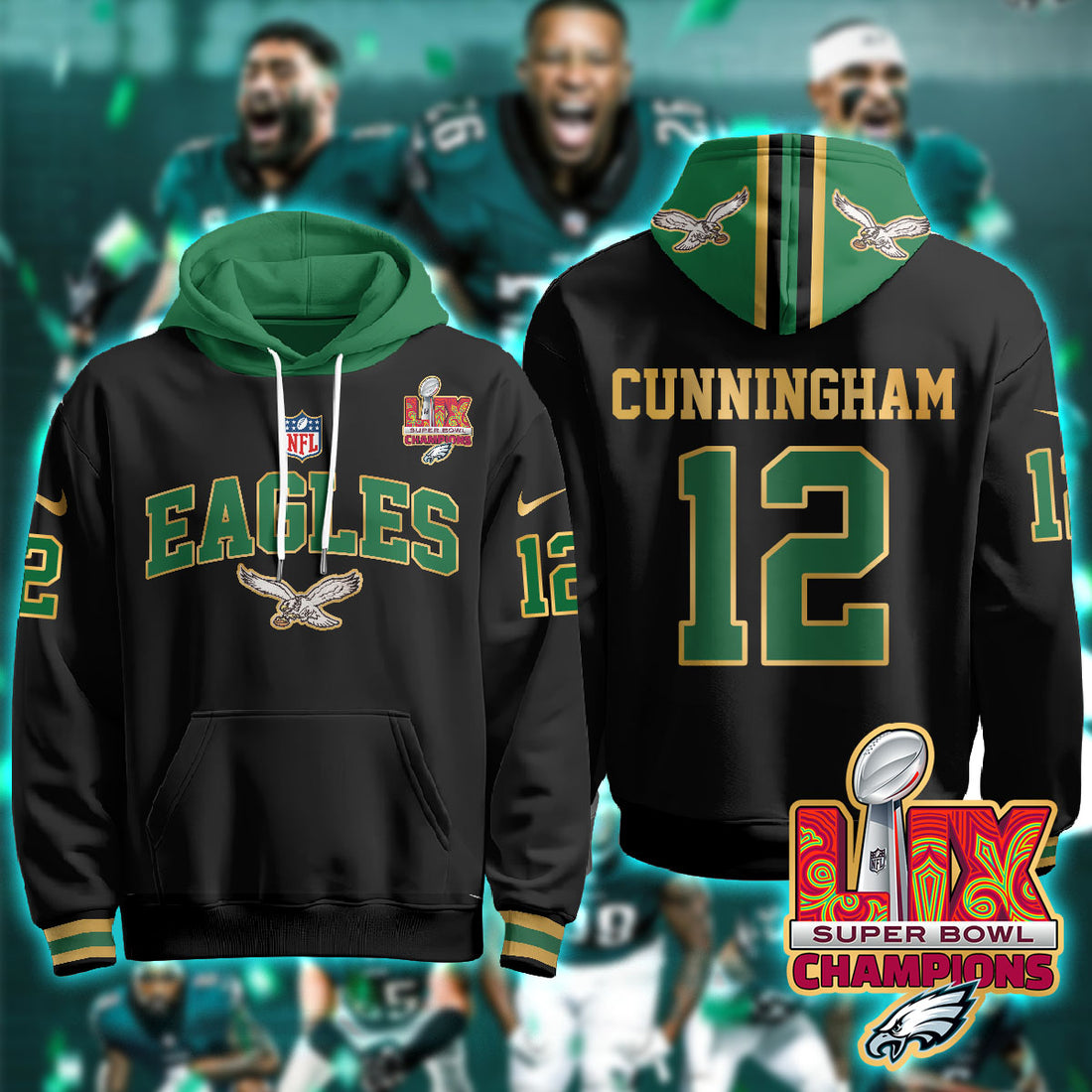 Philadelphia Eagles Cunningham 12 Super Bowl LIX Champions Gold Black Hoodie