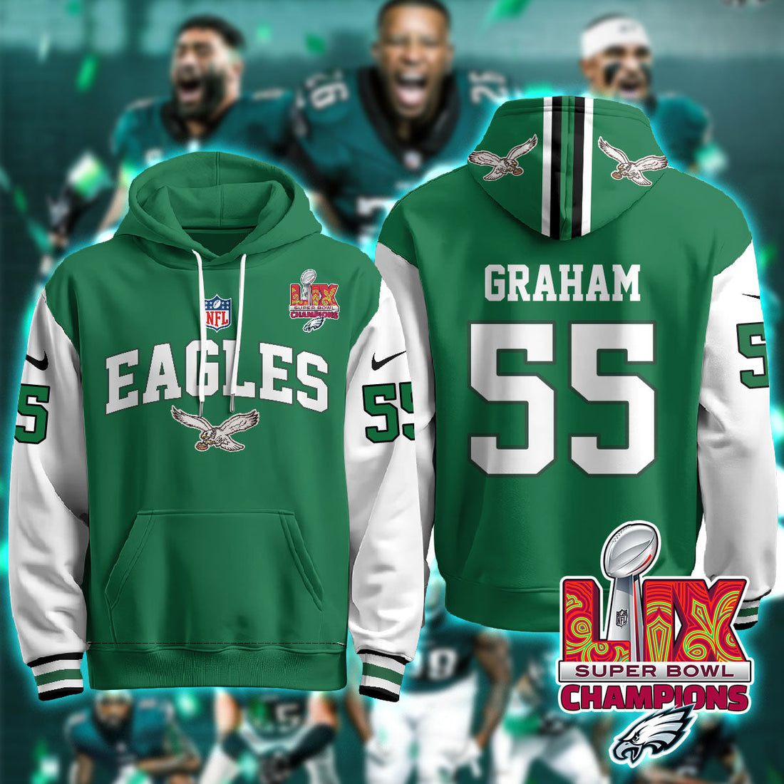 Philadelphia Eagles Graham 55 Super Bowl LIX Champions Green Alternate Hoodie Gift For Sport Music Fans