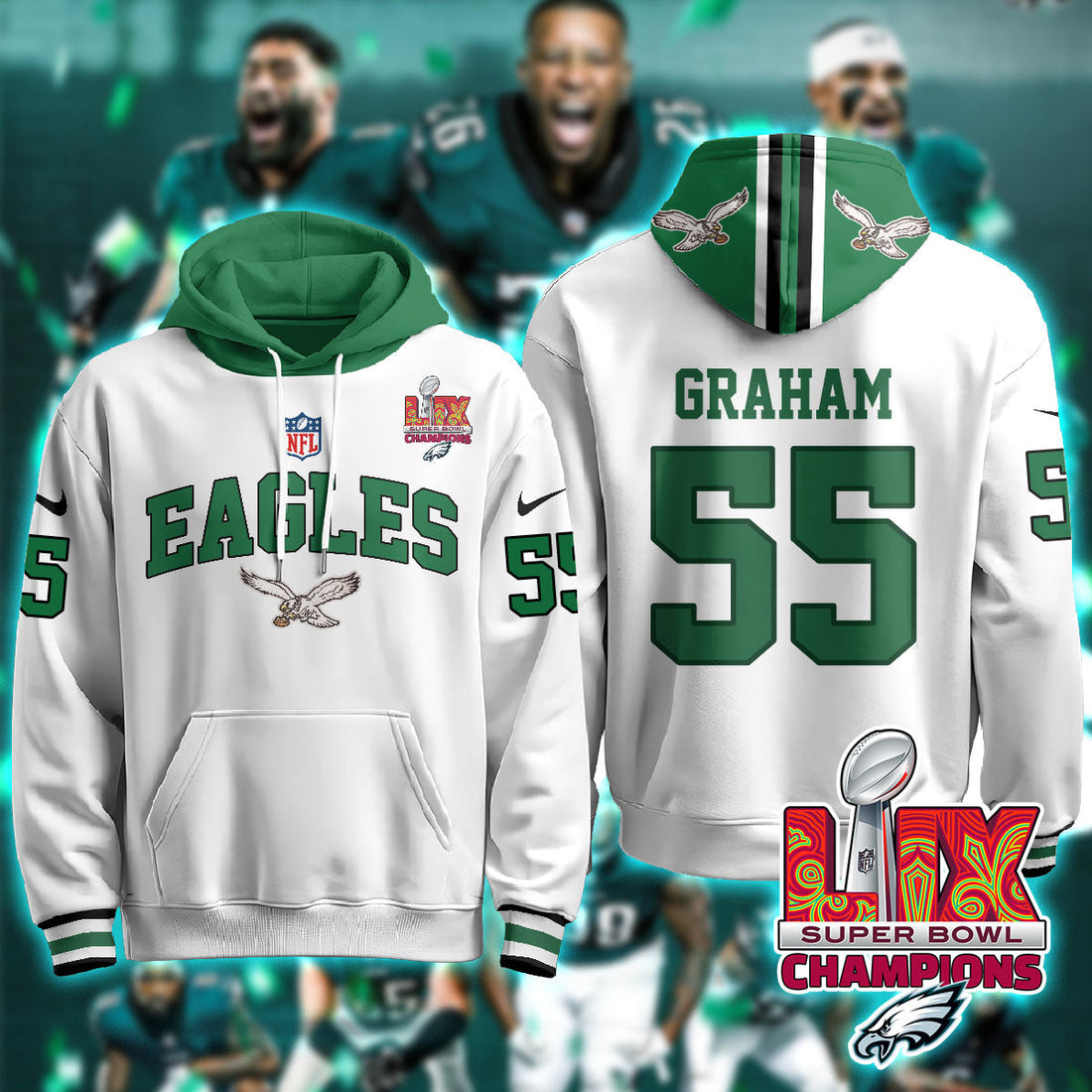 Philadelphia Eagles Graham 55 Super Bowl LIX Champions White Hoodie