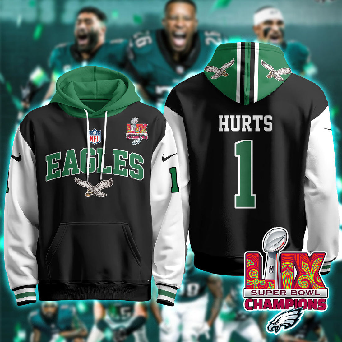 Philadelphia Eagles Hurts 1 Super Bowl LIX Champions Black Alternate Hoodie