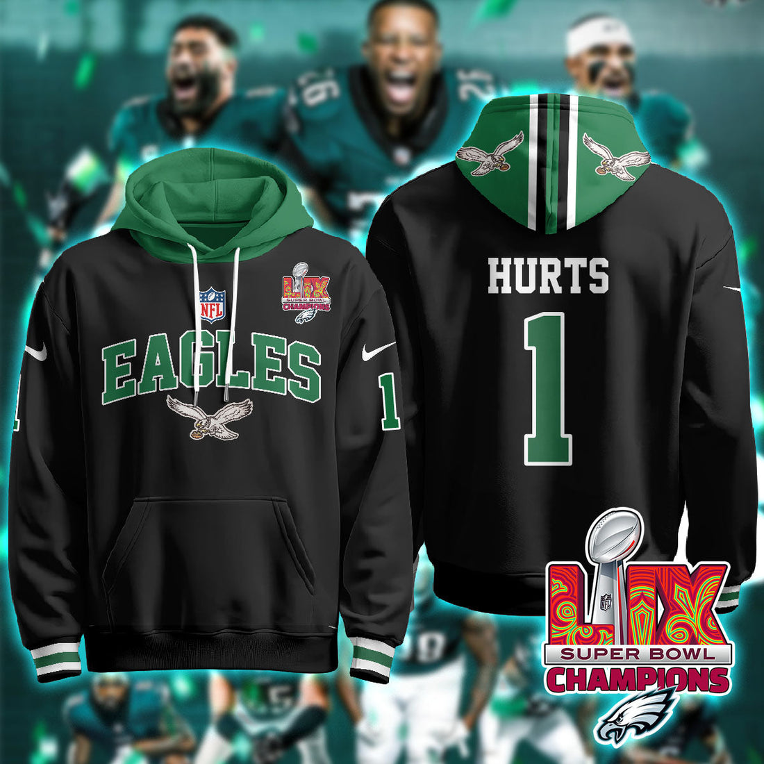 Philadelphia Eagles Hurts 1 Super Bowl LIX Champions Black Hoodie