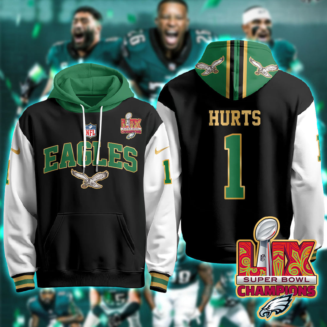 Philadelphia Eagles Hurts 1 Super Bowl LIX Champions Gold Black Alternate Hoodie