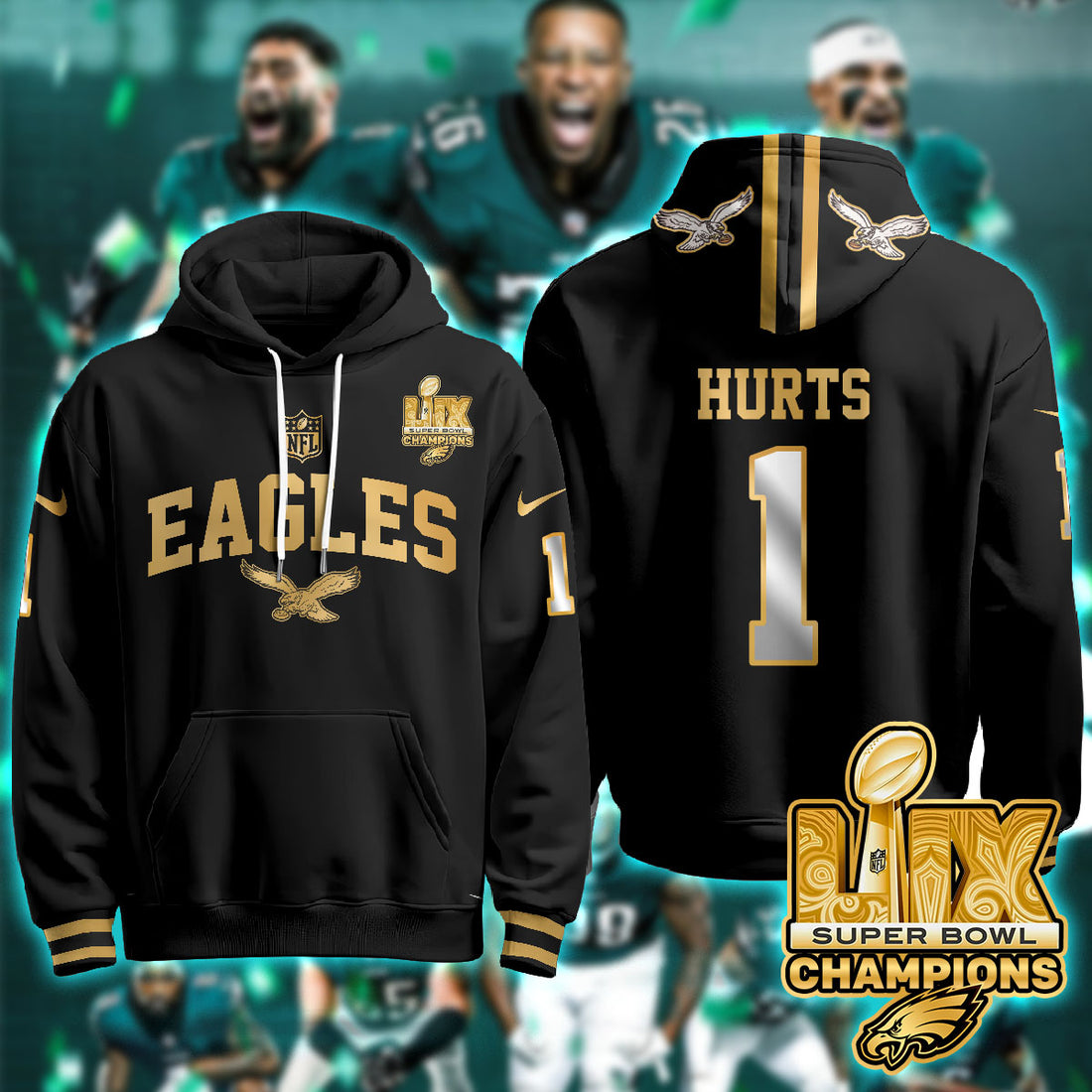 Philadelphia Eagles Hurts 1 Super Bowl LIX Champions Gold Black Gold Hoodie