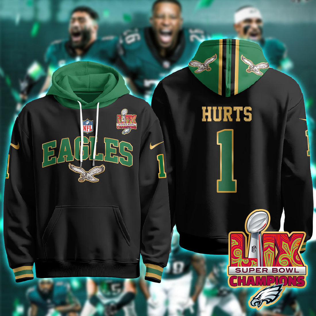 Philadelphia Eagles Hurts 1 Super Bowl LIX Champions Gold Black Hoodie
