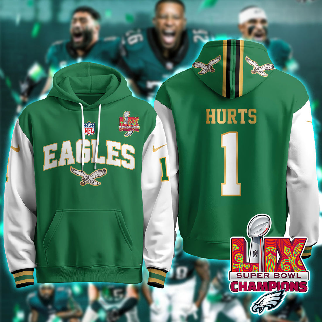 Philadelphia Eagles Hurts 1 Super Bowl LIX Champions Gold Green Alternate Hoodie
