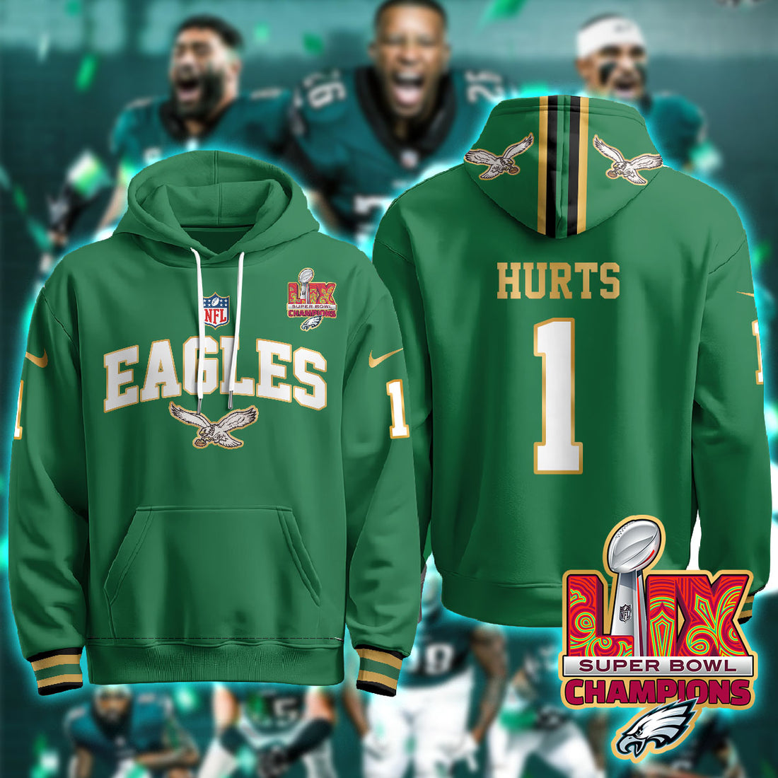 Philadelphia Eagles Hurts 1 Super Bowl LIX Champions Gold Green Hoodie