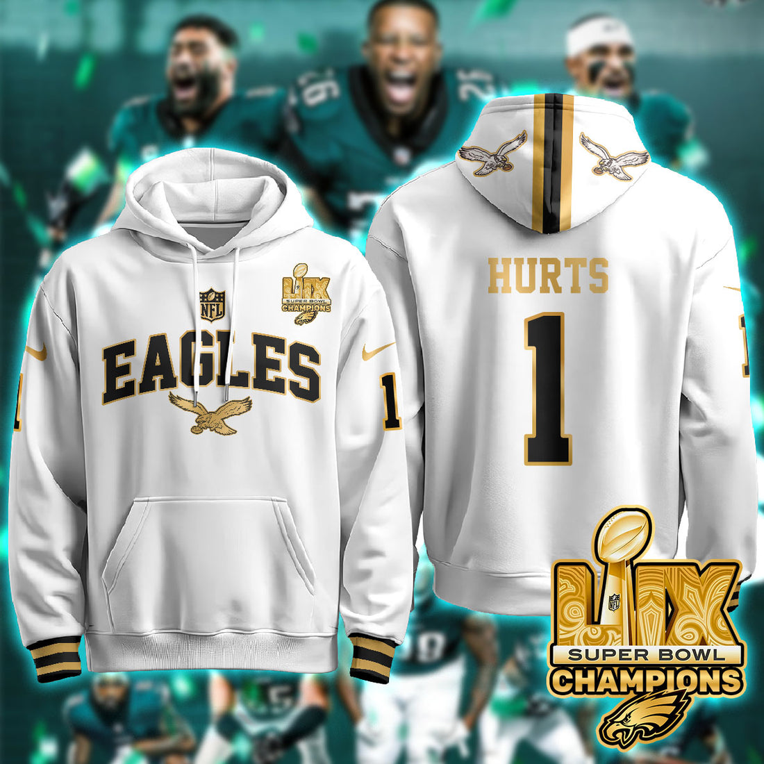 Philadelphia Eagles Hurts 1 Super Bowl LIX Champions Gold White Gold Hoodie