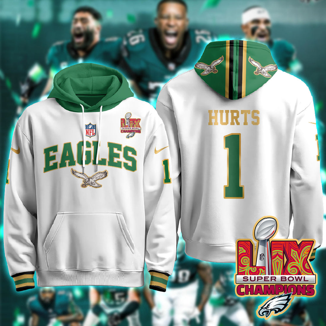 Philadelphia Eagles Hurts 1 Super Bowl LIX Champions Gold White Hoodie