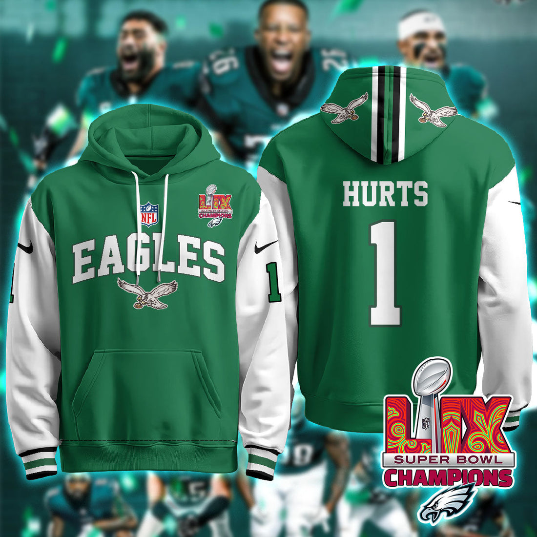 Philadelphia Eagles Hurts 1 Super Bowl LIX Champions Green Alternate Hoodie