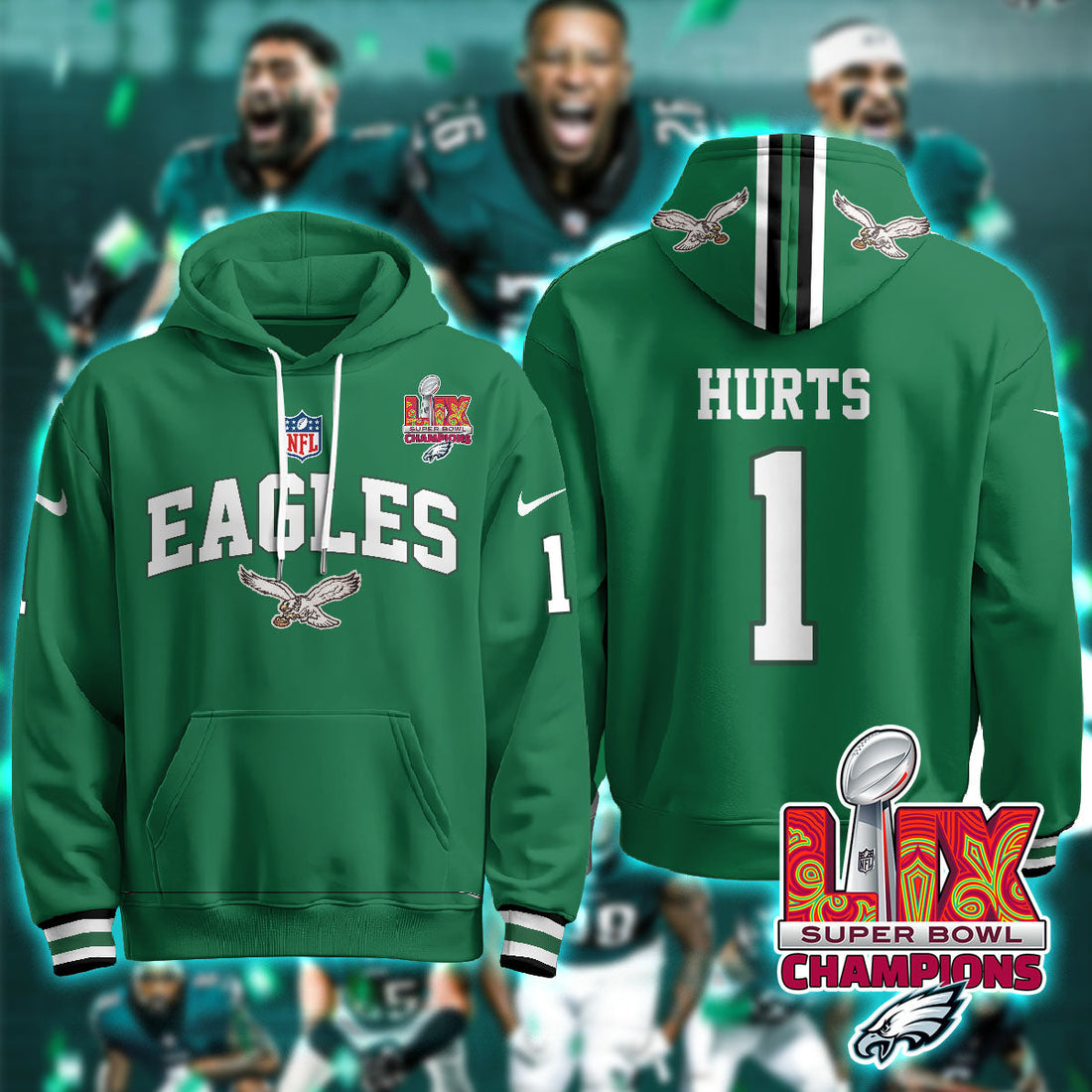 Philadelphia Eagles Hurts 1 Super Bowl LIX Champions Green Hoodie
