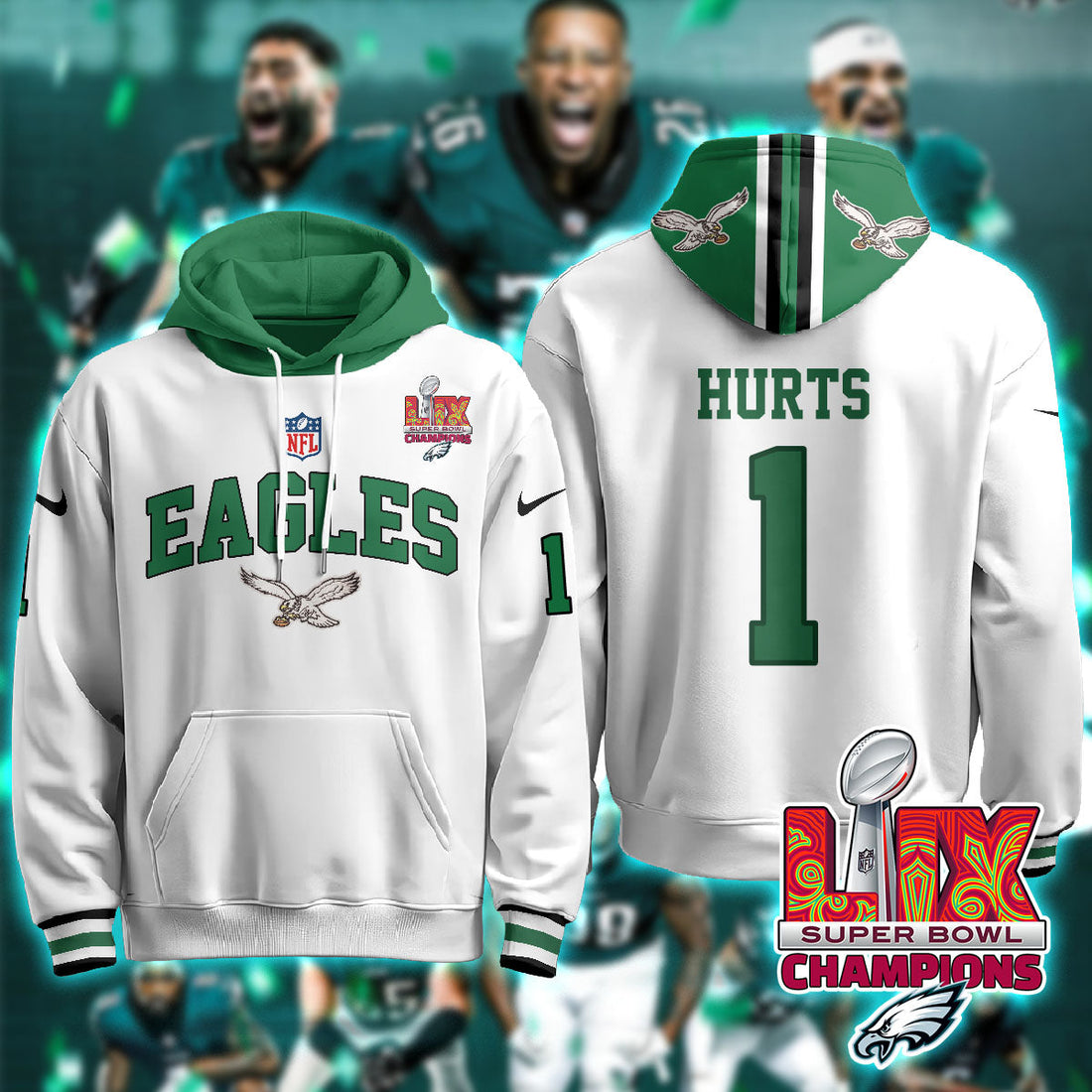 Philadelphia Eagles Hurts 1 Super Bowl LIX Champions White Hoodie