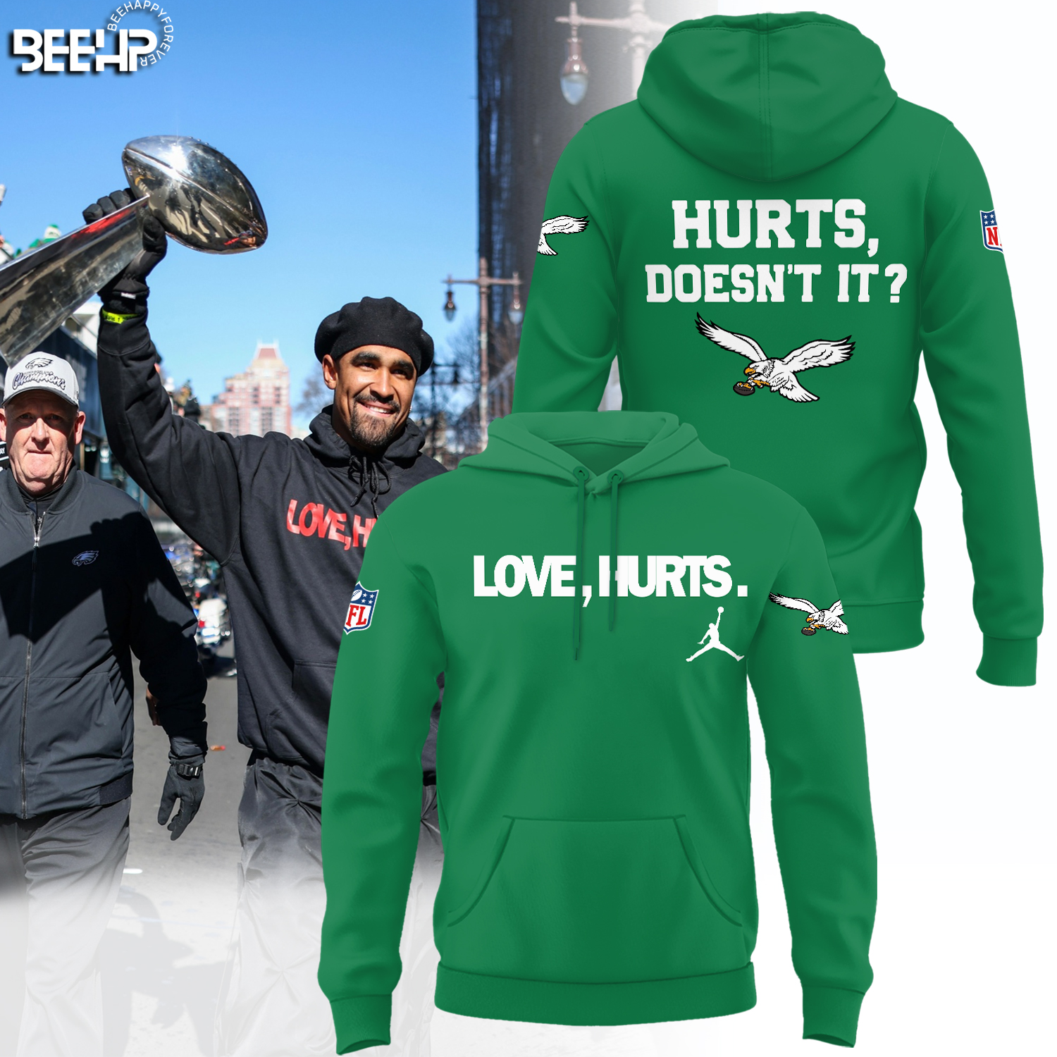 Philadelphia Eagles Jalen Hurts Love Hurts Super Bowl LIX Champions Green Hoodie